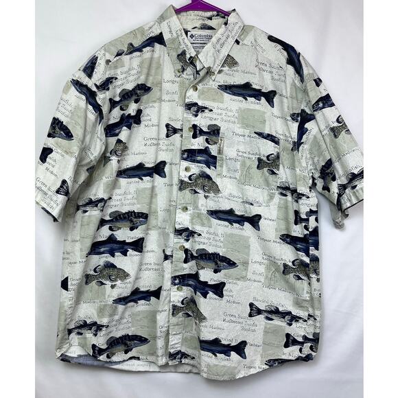 Columbia Mens Large Khaki Short Sleeve Button Down Fish Print Fishing Shirt - Picture 1 of 7